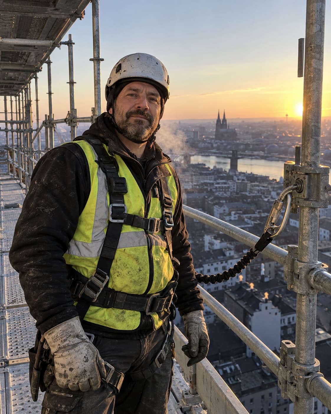 Kolonnenführer mit Helm und Gurt auf der obersten Lage, unter ihm die Stadt im Sonnenaufgang